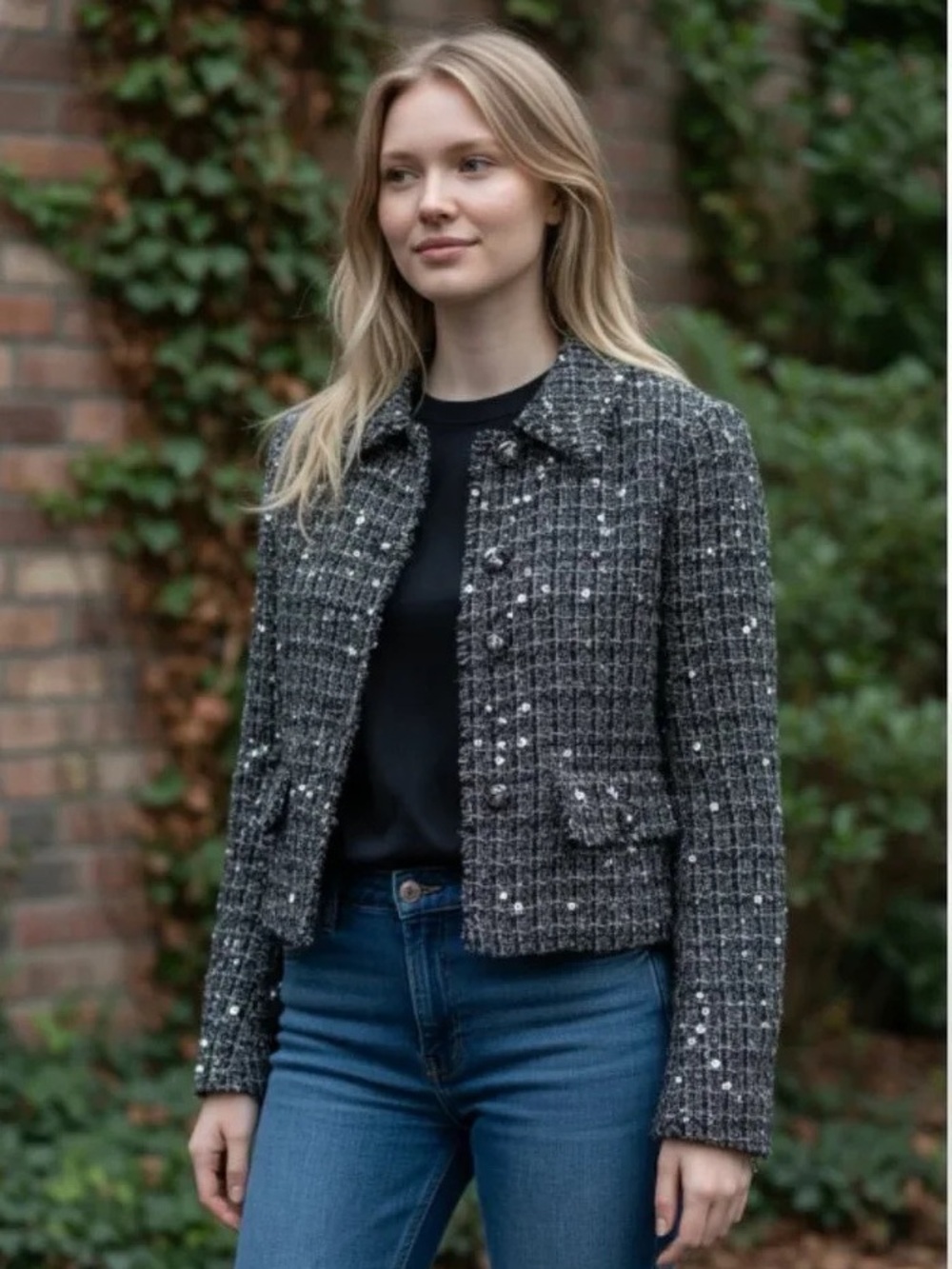 Zara Black White Sequin Tweed Cropped Jacket Collared Flap Pockets Size S NWT